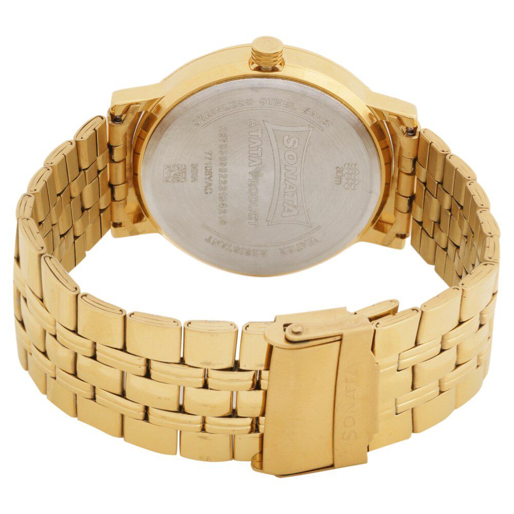 Buy Online Sonata Quartz Analog with Day and Date Golden Dial Stainless Steel Strap Watch for Men nr77108ym03 Titan