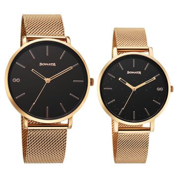 Sonata Soulmate Quartz Analog Black Dial Stainless Steel Strap Watch For Couple