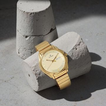 Titan Quartz Analog with Day and Date Champagne Dial Golden Stainless Steel Strap Watch For Men