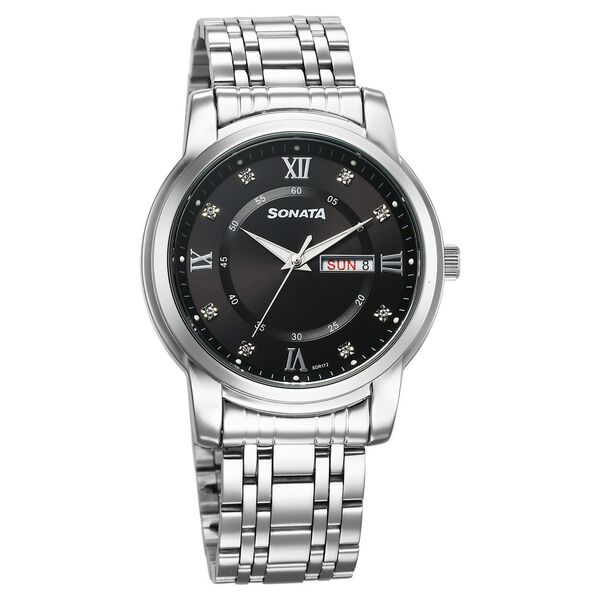 Sonata Wedding Quartz Analog Black Dial Stainless Steel Strap Watch For Men