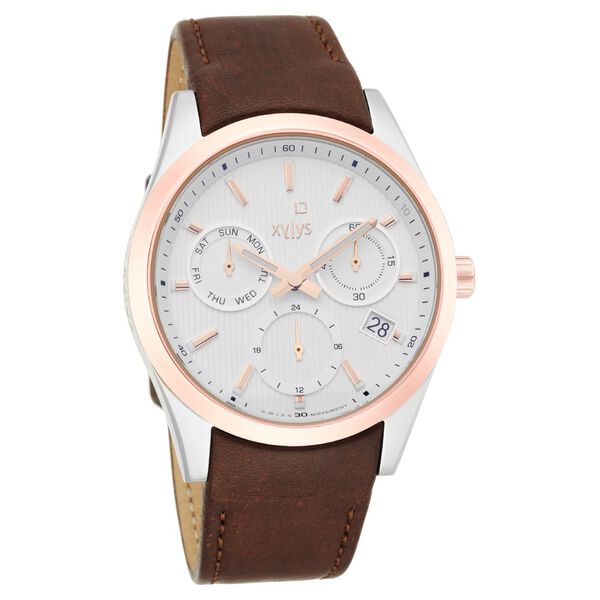 Xylys Swiss Multifunction Brown Leather Strap White Dial Watch For Men - image number 0
