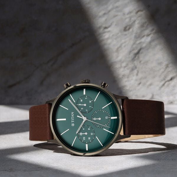 Buy Online Titan Quartz Multifunction Green Dial Leather Strap