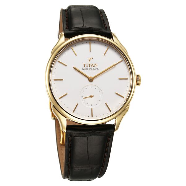 Titan 40 years Slim Mechanical White Dial 18 KT Gold Case With Leather Strap Watch For Women - image number 1