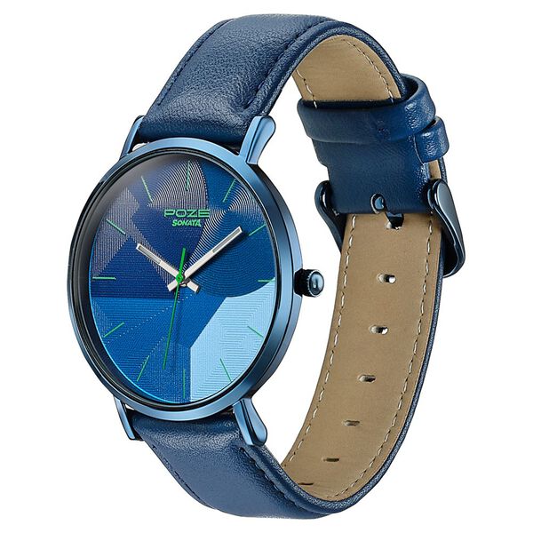 Poze By Sonata Quartz Analog Blue Dial Blue Leather Strap Watch For Men - image number 4