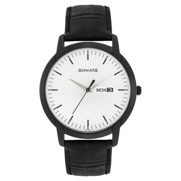 Sonata Quartz Analog with Day and Date Silver Dial Leather Strap Watch for Men