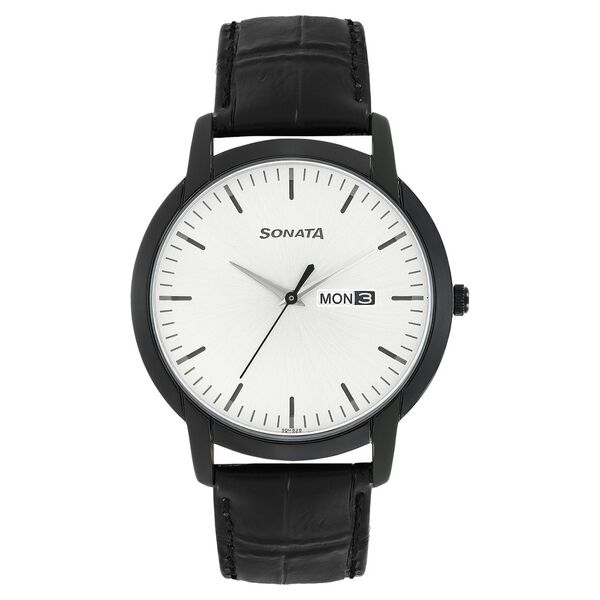 Sonata Quartz Analog with Day and Date Silver Dial Leather Strap Watch for Men - image number 0