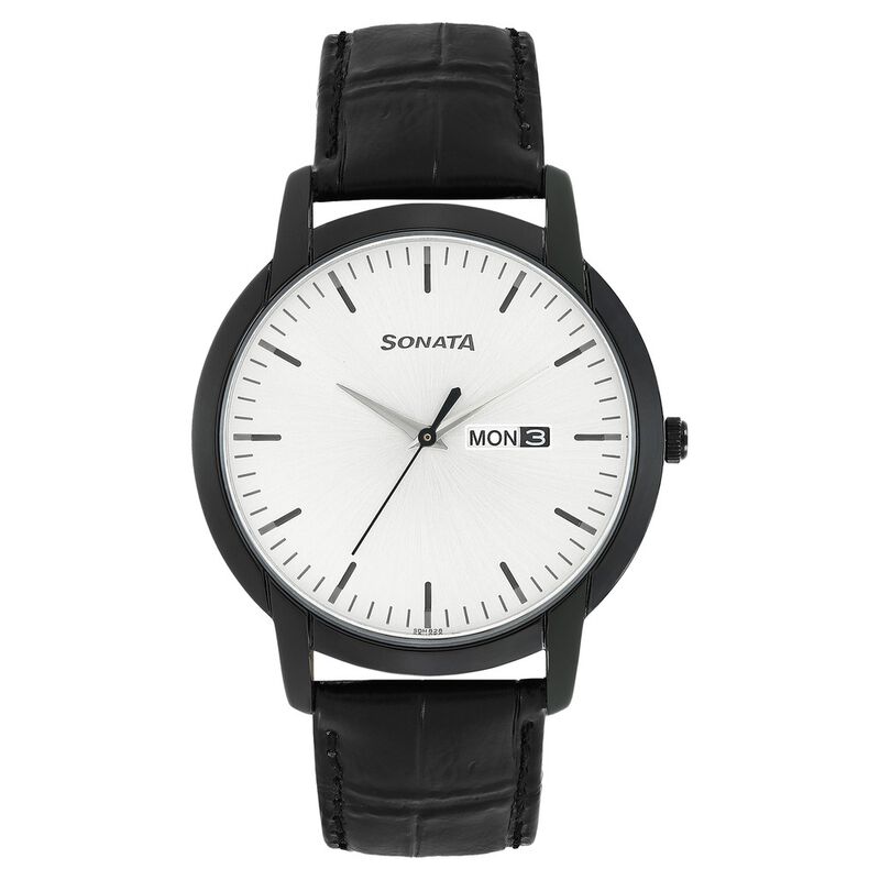 Sonata Quartz Analog with Day and Date Silver Dial Leather Strap Watch for Men - image number 0