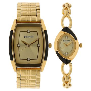 Sonata Quartz Analog Champagne Dial Stainless Steel Strap Watch for Couple