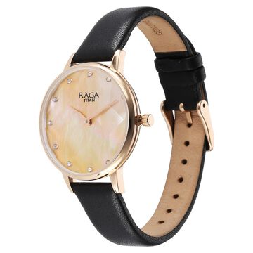 Titan Raga Showstopper Quartz Analog Mother Of Pearl Round Dial Black Leather Strap Watch For Women