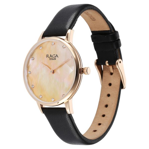 Titan Raga Showstopper Quartz Analog Mother Of Pearl Round Dial Black Leather Strap Watch For Women - image number 2
