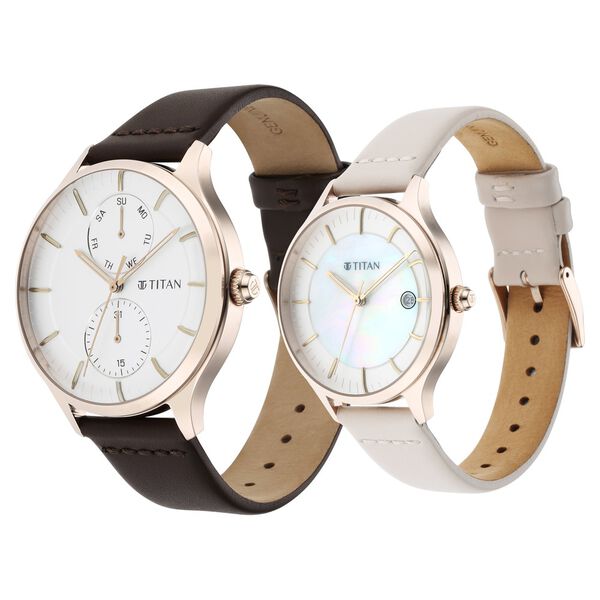 Titan Bandhan White and Mother of Pearl Dial Analog with Date Leather Strap watch for Couple - image number 2