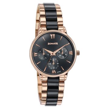 Sonata Festive Quartz Multifunction Black Dial Two Toned Acetate And Metal Strap Watch For Women