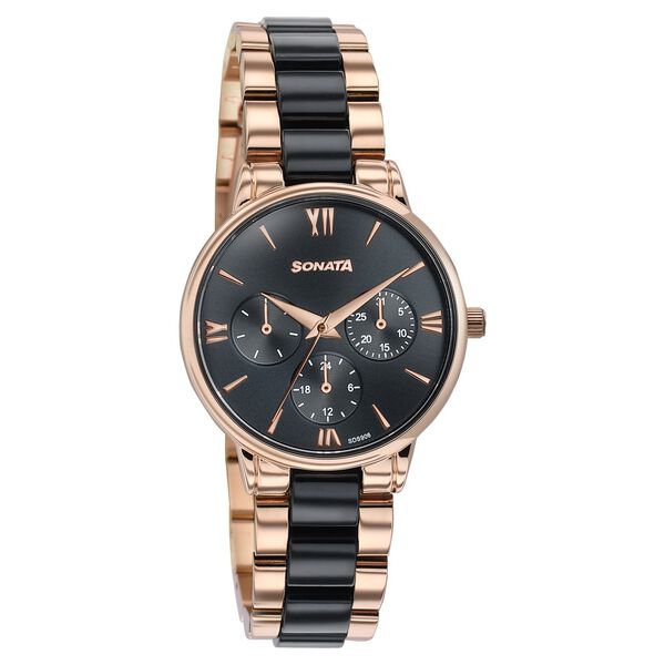 Sonata Festive Quartz Multifunction Black Dial Two Toned Acetate And Metal Strap Watch For Women - image number 1