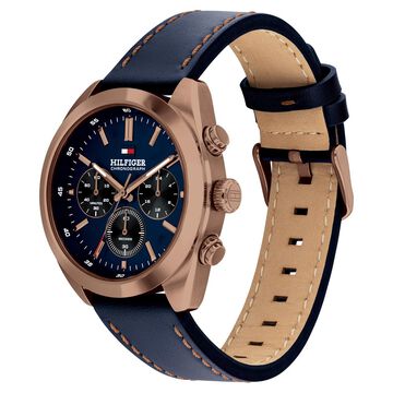 Tommy Hilfiger Quartz Chronograph Blue Dial Blue Leather Strap Watch For Men