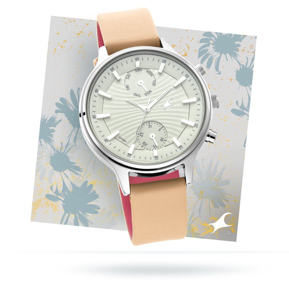 Buy Online Fastrack Ruffles Quartz Multifunction Beige Dial Leather Strap Watch for Girls nr6208sl01 Titan