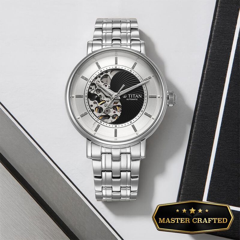 Titan Yin Yang Skeletal Automatic Analog with Black Dial Silver Stainless Steel Strap Watch for Men