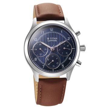 Titan Sapphire Quartz Multifunction Blue Dial Leather Strap Watch for Men