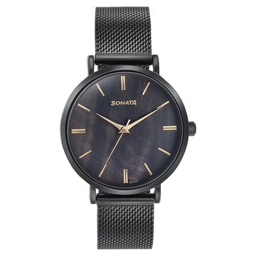 Sonata Quartz Analog Black Dial Black Stainless Steel Strap Watch For Women