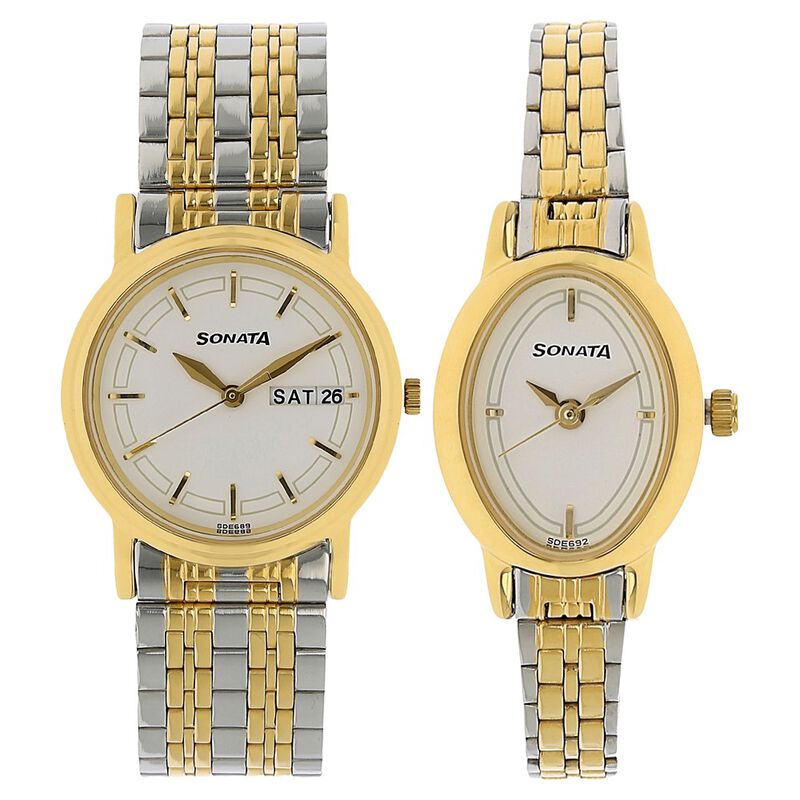 Sonata Quartz Analog White Dial Stainless Steel Strap Watch for Couple