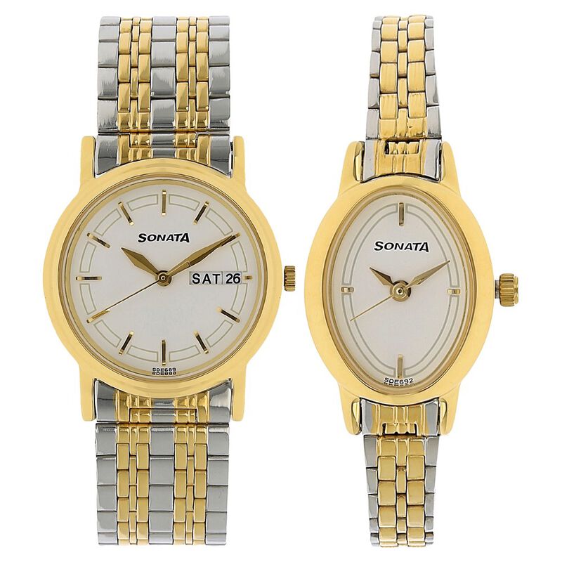 Sonata Quartz Analog White Dial Stainless Steel Strap Watch for Couple - image number 0