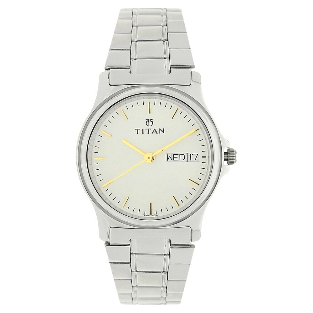Buy Online Titan Quartz Analog with Day and Date Silver Dial Stainless Steel Strap Watch for Men nk390sm04 Titan