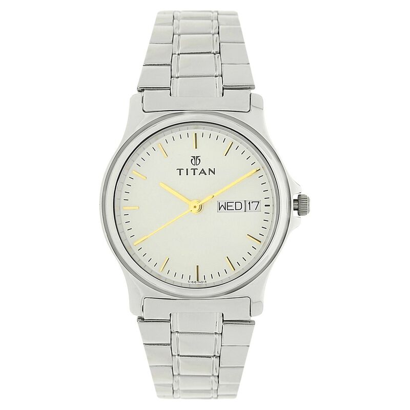 Titan Quartz Analog with Day and Date Silver Dial Stainless Steel Strap Watch for Men