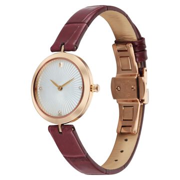 Titan Nebula Lotus 18 KT Gold Quartz Analog Mother Of Pearl Dial Burgundy Leather Strap Watch For Women