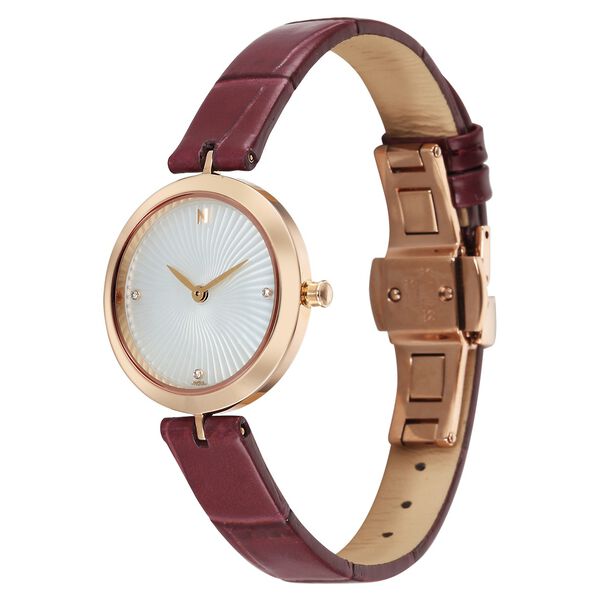 Titan Nebula Lotus 18 KT Gold Quartz Analog Mother Of Pearl Dial Burgundy Leather Strap Watch For Women - image number 2