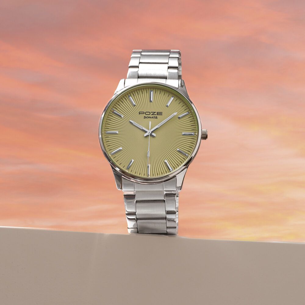 Poze By Sonata Quartz Analog Yellow Dial Silver Stainless Steel Strap Watch For Men-picture-21