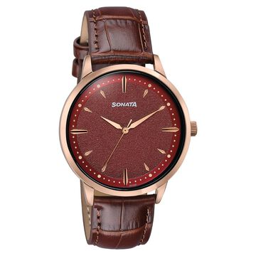 Sonata Jashn Quartz Analog Red Dial Brown Leather Strap Watch For Men