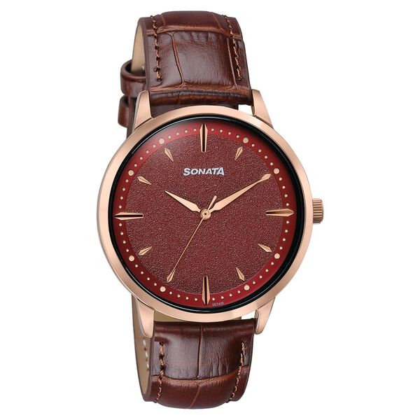 Sonata Jashn Quartz Analog Red Dial Brown Leather Strap Watch For Men - image number 1