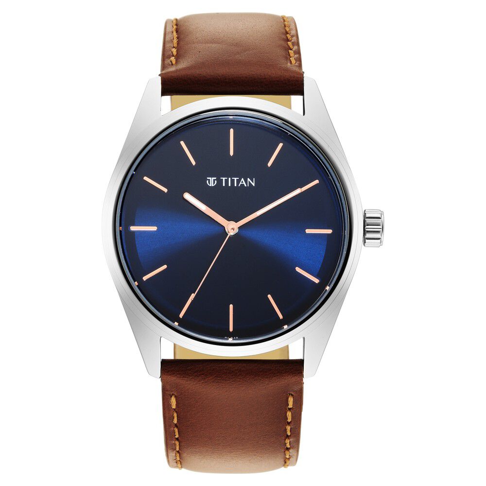 Buy Online Titan Quartz Analog Blue Dial Leather Strap Watch for