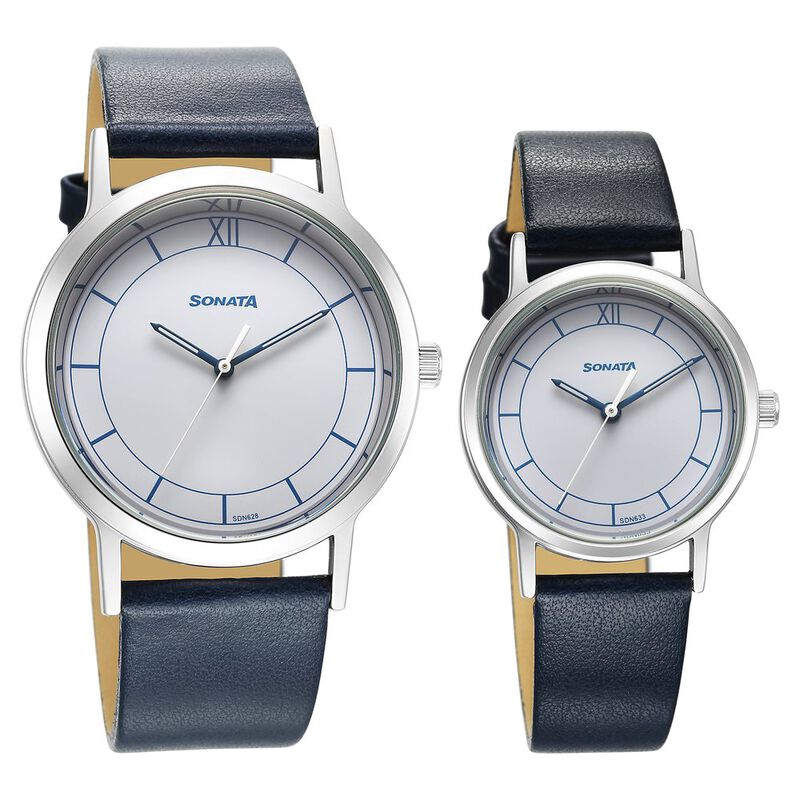 Sonata Pairs Quartz Analog White Dial Black Leater Strap Watch for Couple