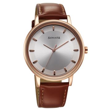 Sonata Utsav Quartz Analog Silver Dial Leather Strap Watch for Men