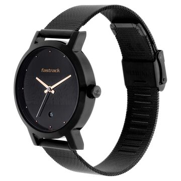 Fastrack Animal Print Quartz Analog with Date Black Dial Stainless Steel Strap Watch for Girls