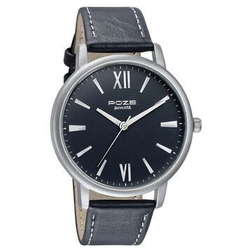 Sonata Poze Quartz Analog Black Dial Leather Strap Watch for Men