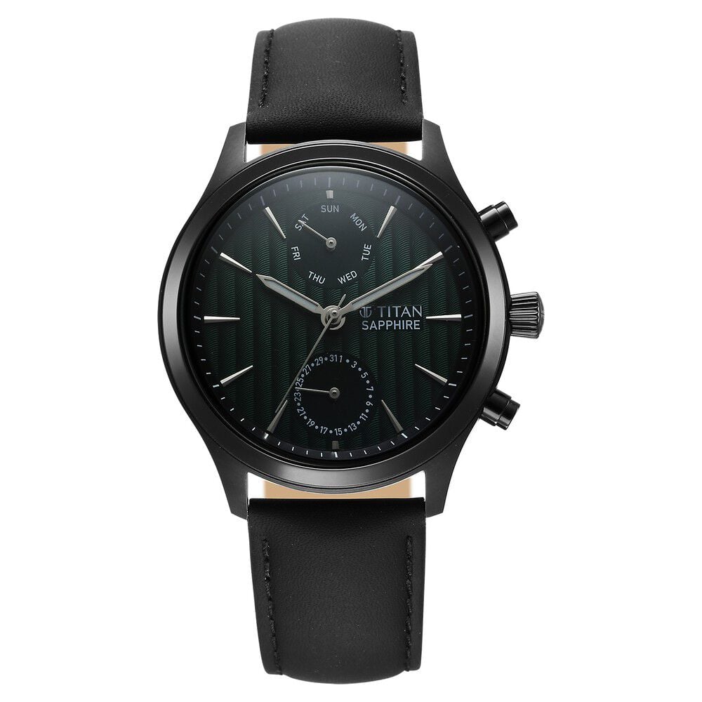 Buy Online Titan Sapphire Multifunction Quartz Analog with Day and Date Green Dial Leather Strap Watch for Men 1874nl01 Titan