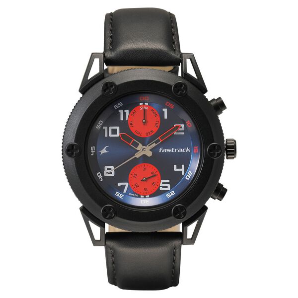 Fastrack Quartz Analog with Day and Date Blue Dial Leather Strap Watch for Guys - image number 0