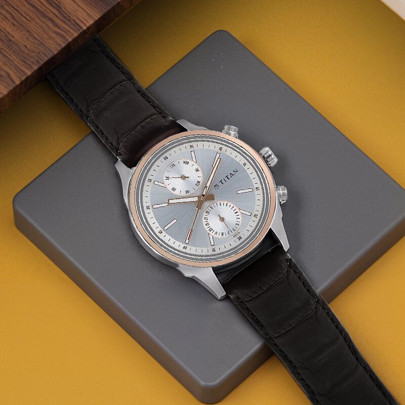 Titan Quartz Multifunction Silver Dial Leather Strap Watch for Men