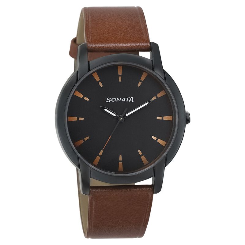 Sonata Quartz Analog Black Dial Leather Strap Watch for Men