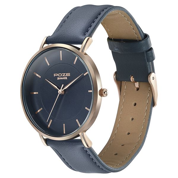 Sonata Poze Quartz Analog Blue Dial Blue Leather Strap Watch For Men - image number 3