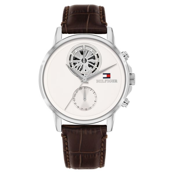 Tommy Hilfiger Quartz Multifunction White Dial Brown Leather Strap Watch For Men - image number 0