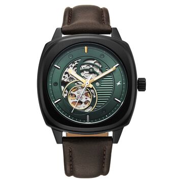 Fastrack Automatics Collection Green Dial Brown Leather Strap Watch For Guys