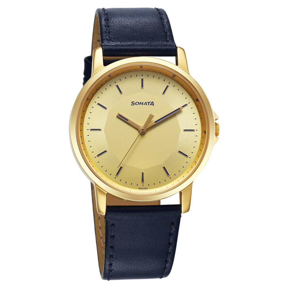 Buy Online Sonata Traditional Essentials Quartz Analog Champagne Dial Leather Strap Watch for Men 77083yl03 Titan