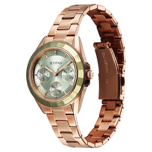 Titan Glamour Quartz Multifunction Green Dial Rose Gold Stainless Steel Strap Watch For Women - image number 2