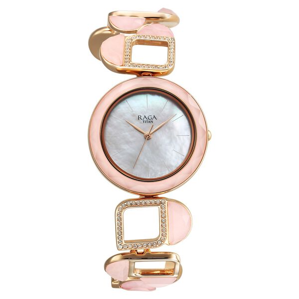 Titan Raga New You Quartz Analog Mother Of Pearl Round Dial Rose Gold Metal Strap Watch For Women - image number 0