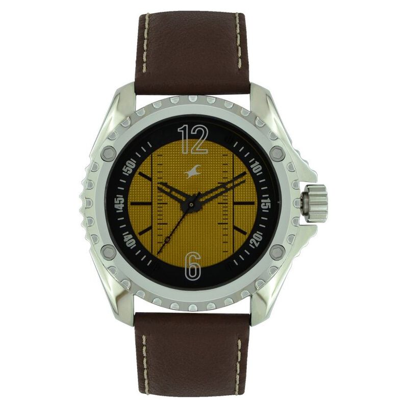 Fastrack Quartz Analog Yellow Dial Leather Strap Watch for Guys