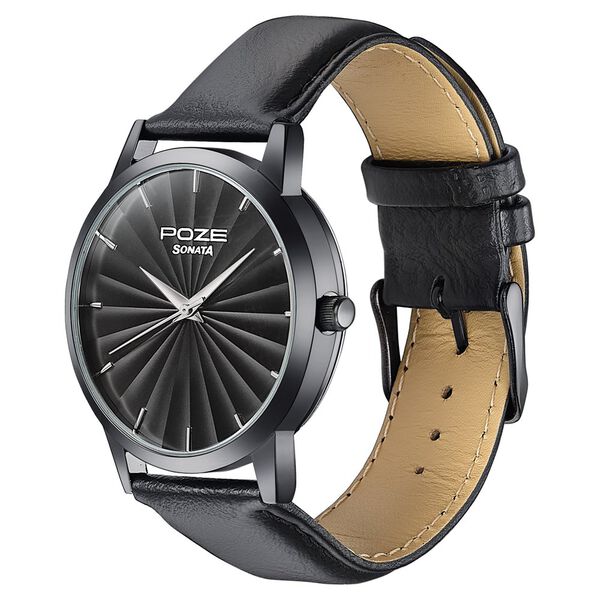 Sonata Poze Quartz Analog Black Dial Leather Strap Watch For Men - image number 4