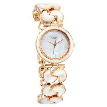 Titan Raga Power Pearls Quartz Analog Mother of Pearl Round Dial Rose Gold Metal Strap Watch For Women