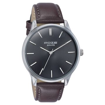Sonata Poze Quartz Analog Black Dial Brown Color Leather Strap Watch For Men